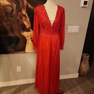 Vintage Shadowline Red Nylon and Lace Dressing Gown Red Large Lingerie Sleepwear